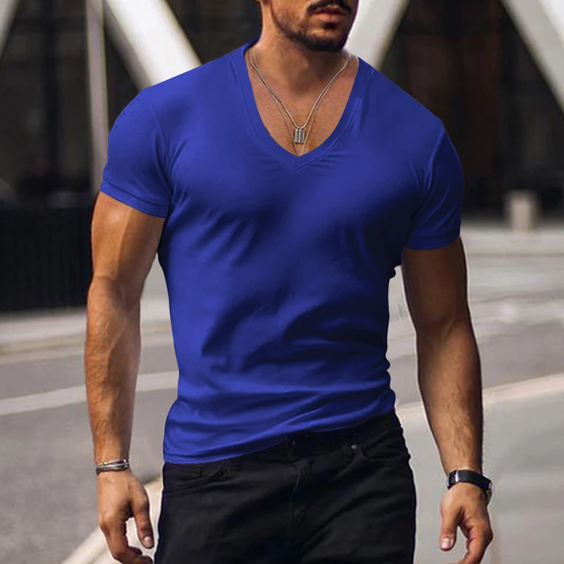 Camiseta casual de hombre, cuello en V, color sólido, corte entallado, delgada y de manga corta, perfecta para un look moderno y fresco.