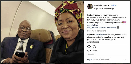 First lady Thobeka Madiba-Zuma with President Jacob Zuma. / Instagram