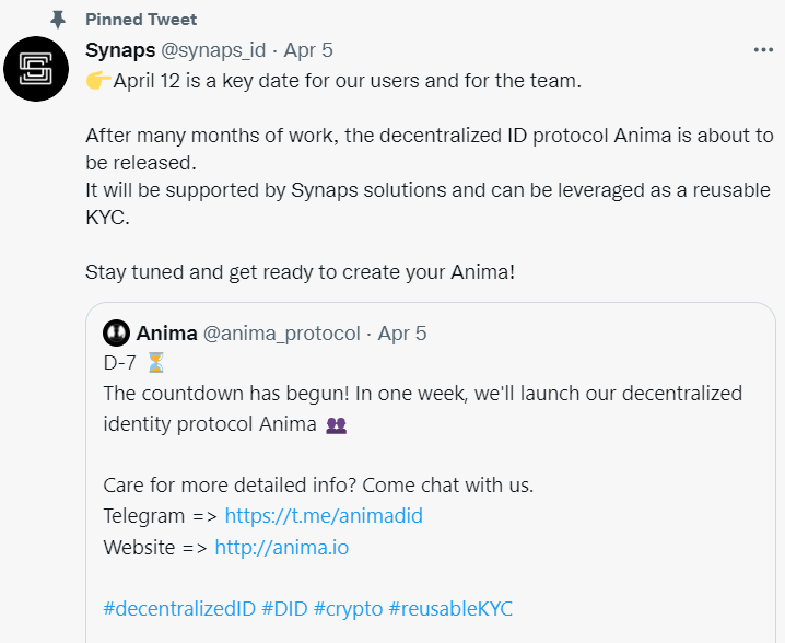 Tweet de Synaps annonçant Anima, identité numérique décentralisée sur la blockchain le 12 Avril.