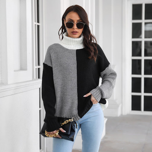 Title 3, High Neck Drop Shoulder Long Sleeve Knitted Swe...