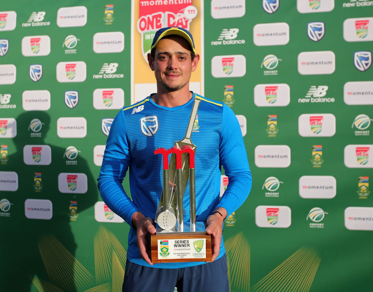 Proteas ODI and Twenty20 captain Quinton de Kock poses with the Momentum One Day International Series trophy after a 3-0 ODI series whitewash over Australia in Potchefstroom on March 7 2020.