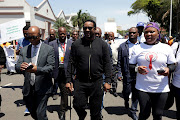 King Misuzulu KaZwelithini and minister of social development Lindiwe Zulu leading the men's walk against gender-based violence.