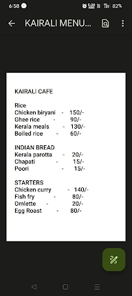 Kairali  Cafe menu 1