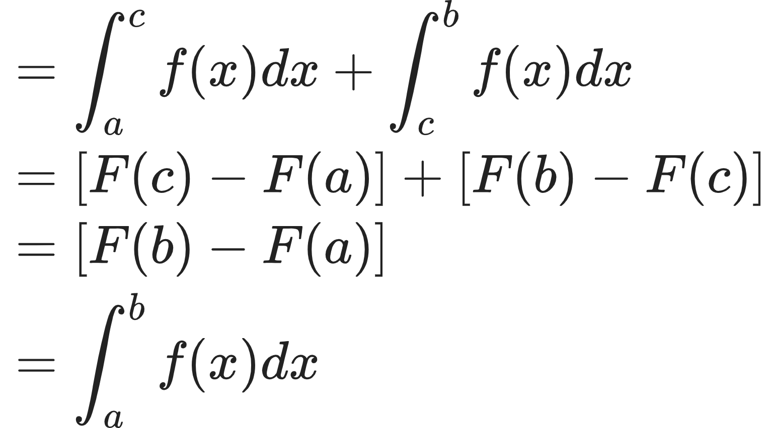 {"font":{"color":"#222222","size":11,"family":"Arial"},"id":"66","code":"\\begin{align*}\n{}&={\\int_{a}^{c}f\\left(x\\right)dx+\\int_{c}^{b}f\\left(x\\right)dx}\\\\\n{}&={\\left[F\\left(c\\right)-F\\left(a\\right)\\right]+\\left[F\\left(b\\right)-F\\left(c\\right)\\right]}\\\\\n{}&={\\left[F\\left(b\\right)-F\\left(a\\right)\\right]}\\\\\n{}&={\\int_{a}^{b}f\\left(x\\right)dx}\t\n\\end{align*}","type":"align*","ts":1599741964190,"cs":"ZTzKkZMH9Ssk+CLuVDWcbA==","size":{"width":253,"height":141}}