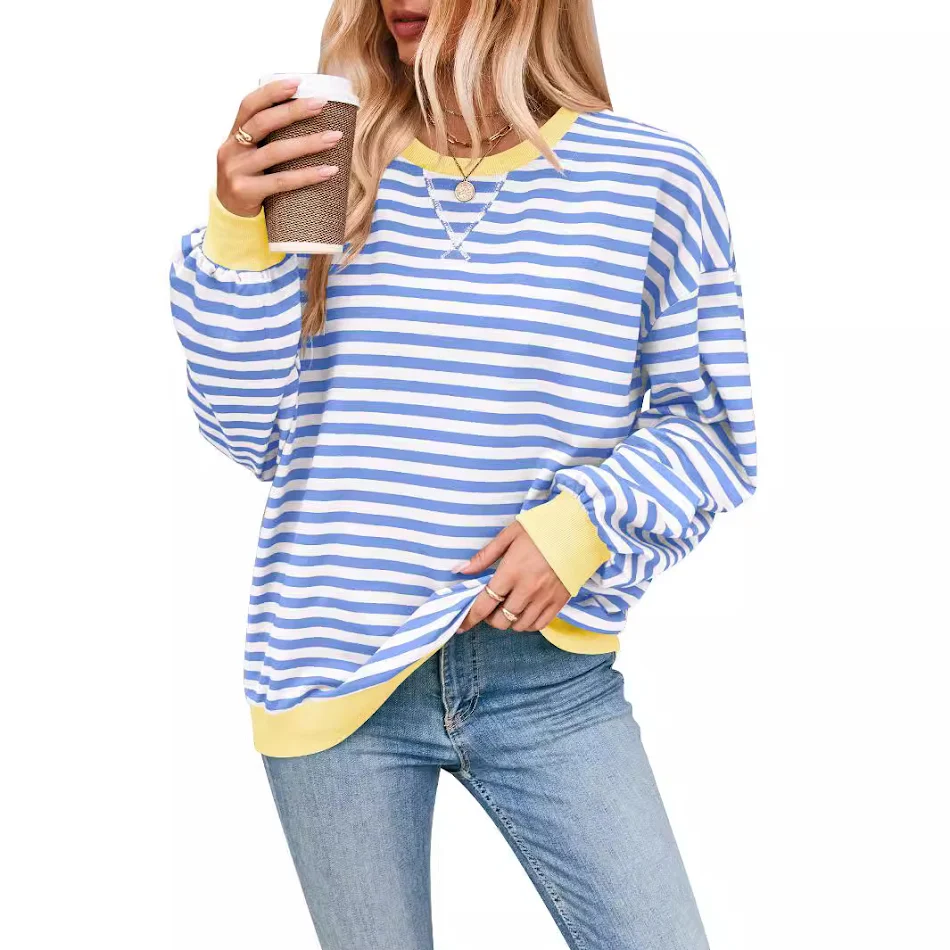 Camiseta de manga larga a rayas suelta para mujer. Suéter casual tipo pullover, cómodo y versátil para un look relajado y a la moda.