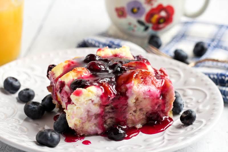 Inside Of The Blueberry Cream Cheese French Toast Casserole.