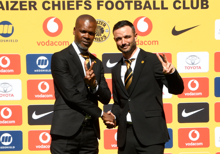 Kaizer Chiefs coach Arthur Zwane and assistant coach Dillon Sheppard during the press conference announcing their appointment at FNB Stadium on May 26 2022.