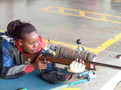 Irene Wanjiku shooting at a training. /Consolata Makokha