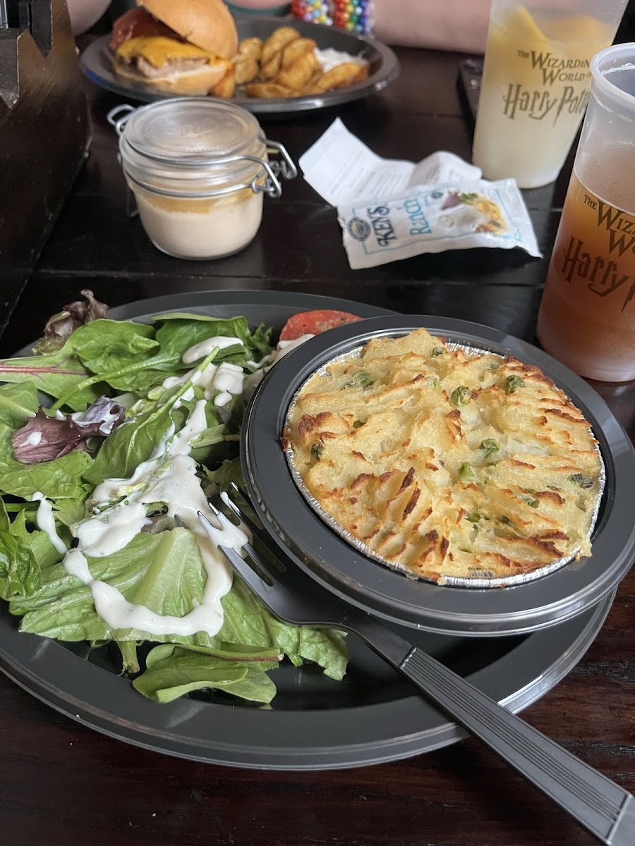 Fish pie and salad.   Butterbeer potted cream