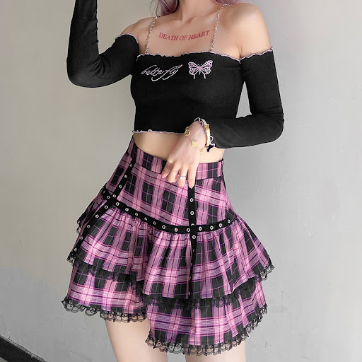 Title 8, Ladies Casual High Waist Plaid Fashion Lace Ruf...