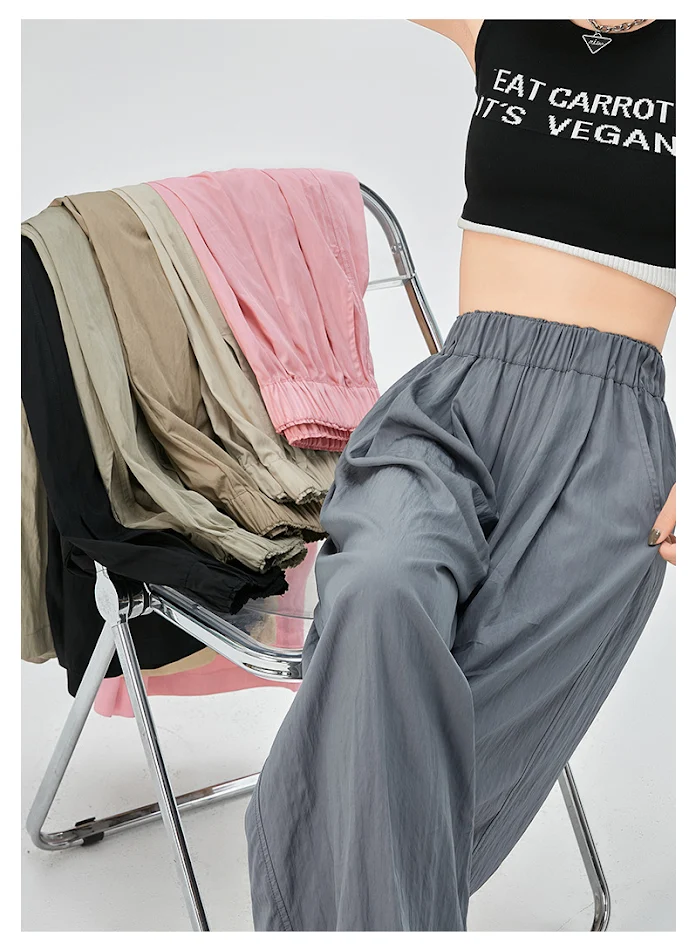 Damen High Waist lockere Hose aus Ice Silk mit weitem Bein, lässig, atmungsaktiv und kühl für heiße Sommertage.