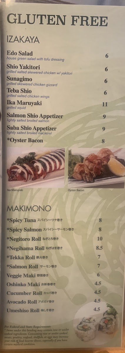 Miyabi Sushi gluten-free menu