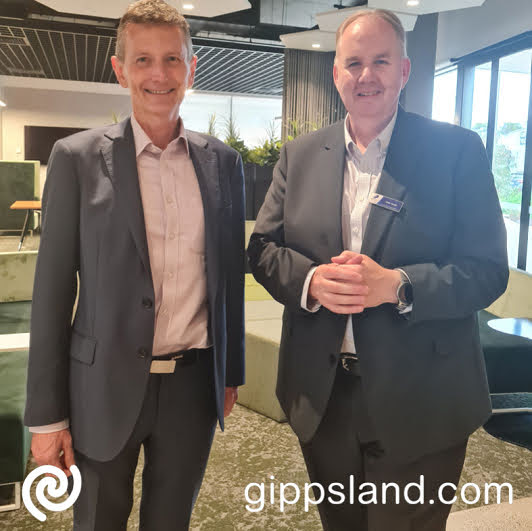 Federation Universitys Vice-Chancellor and President, Duncan Bentley (left), with Wellington Shire Council General Manager Built and Natural Environment, Chris Hastie, welcoming the new partnership