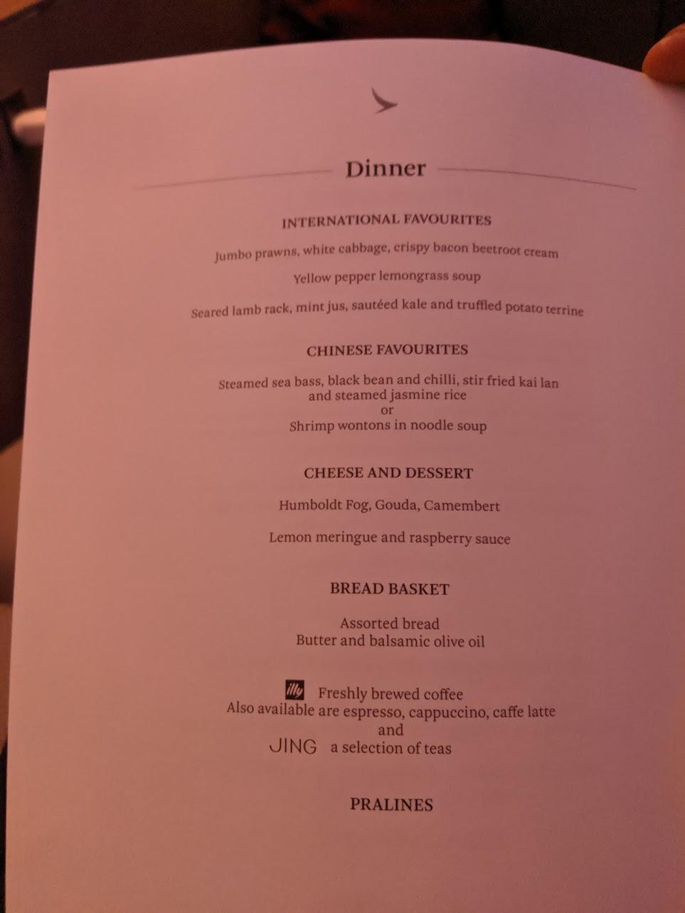 Cathay Pacific First Class Dinner Menu