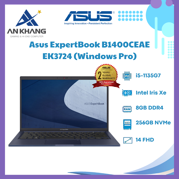 Laptop Asus Expertbook B1400Ceae - Ek3724 I5 - 1135G7/8Gb/256Gbssd/14.0"Fhd/Fp/Mouse/Win11Pro/Xanh Đen - Hàng Chính Hãng