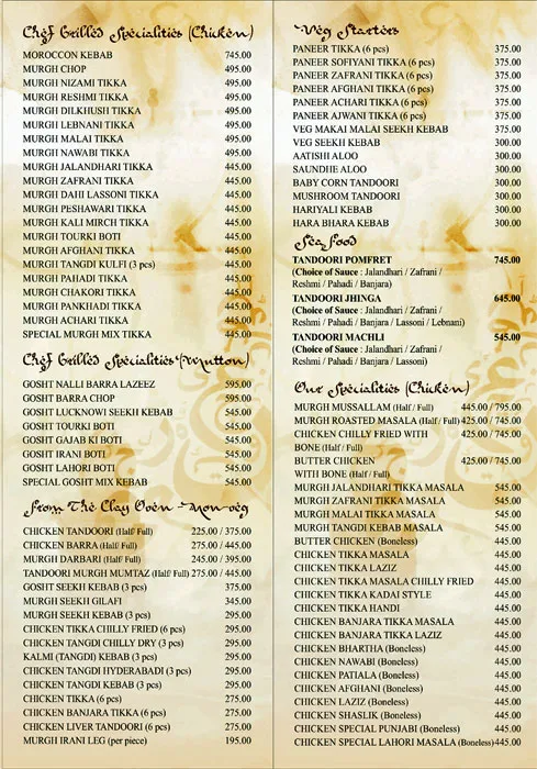 Persian Darbar menu 