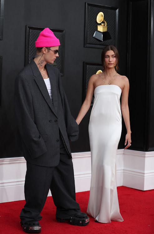 Justin and Hailey Bieber on the red carpet at the 64th Annual Grammy Awards at the MGM Grand Garden Arena in Las Vegas on April 3 2022.