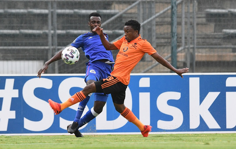 Paseka Mako of Orlando Pirates challenges Gamphani Lungu of SuperSport United during the DStv Premiership match at Lucas Moripe Stadium on February 24 2021 in Pretoria.