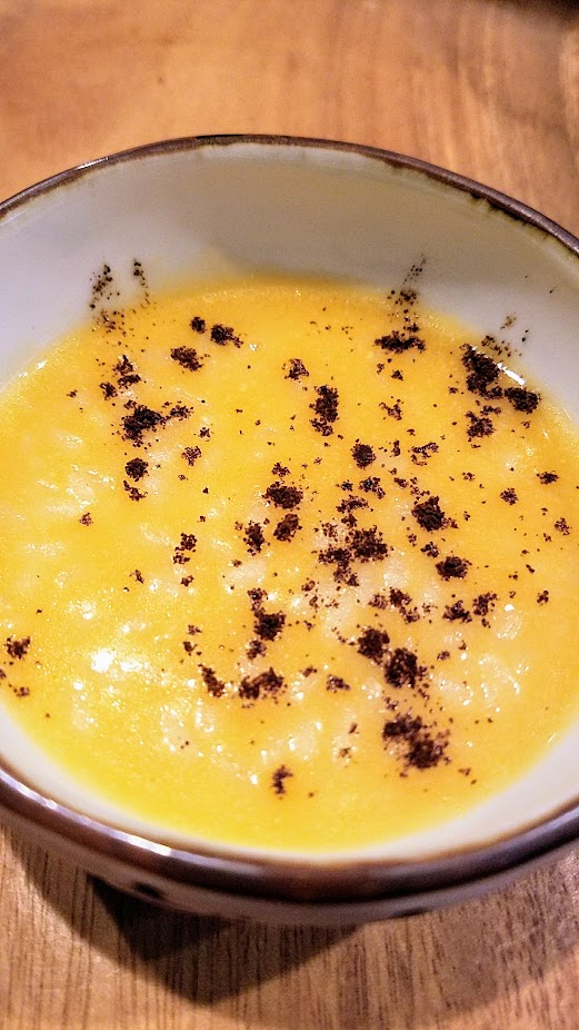 Nodoguro Twin Peaks themed dinner dish of A Bowl of Uni Porridge with Coffee, hot, creamy Hokkaido uni rice porridge with espresso sprinkle