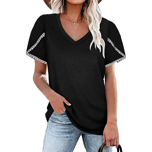 Title 5, V-neck Lace Short-sleeved Shirt Loose Color Cot...