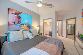 Model bedroom with plush carpet, decorative accents, side table with lamp, ceiling fan, and access to the walk-in closet