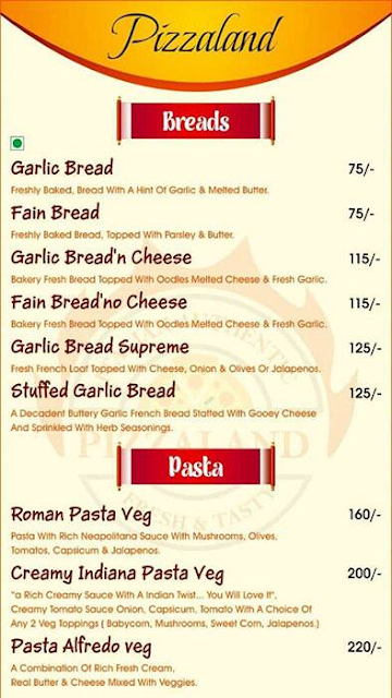 Pizzaland menu 