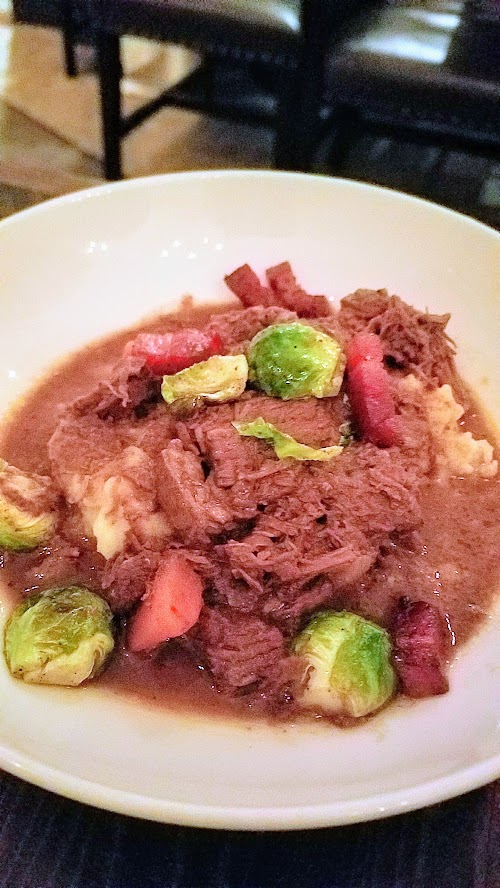 Verdigris' Braised Beef Bourguignon with Garlic Smashed Potatoes, Brussels Sprouts, House Bacon