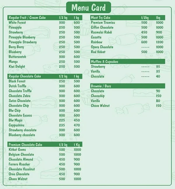 The Sweet Bakers menu 