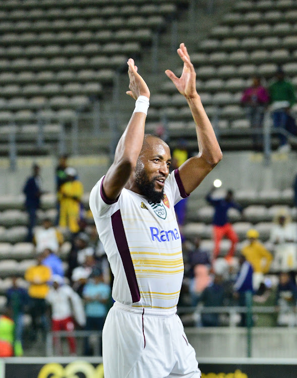 Sibongiseni Mthethwa of Stellenbosch FC celebrates winning the Nedbank Cup quarter final match between Stellenbosch FC and Mamelodi Sundowns at Athlone Stadium on April 15, 2023 in Cape Town.