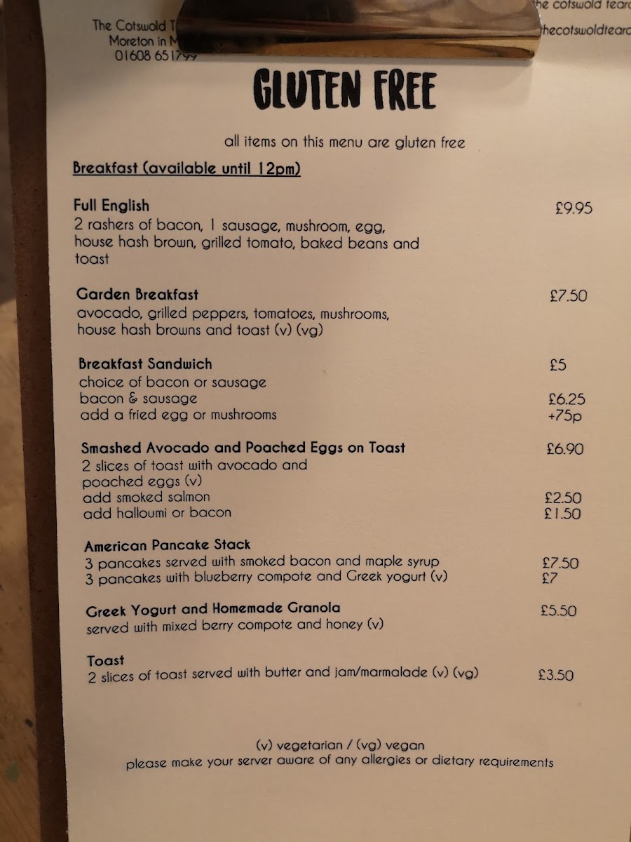 The Cotswold Tearoom gluten-free menu