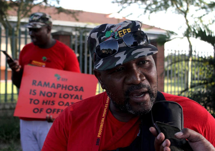 EFF chairperson in the King Cetshwayo region( KZN) Sibusiso Mthiyane at Richard’s Bay police station to lay a complaint about members being assaulted