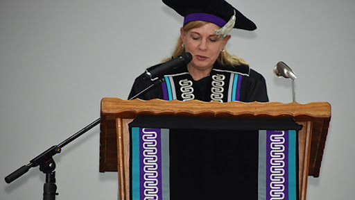Vice-principal and deputy vice-chancellor for planning and Vanderbijlpark Campus operations, Prof Linda du Plessis, addresses graduates during the first graduation ceremony that took place in the newly built Tsebonokeng Hall.