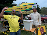 ANC member Dumisani Mthalane brought his life size sculpture of former president Nelson Mandela to a party political stand opposite a voting station at Grey's Hospital in Pietermaritzburg