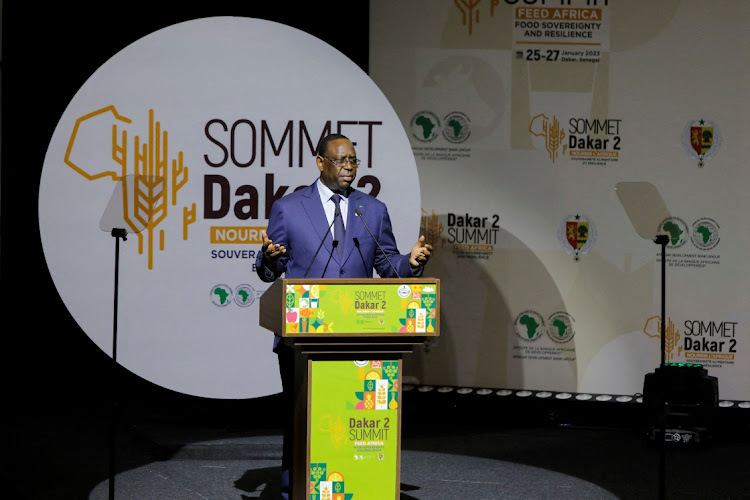 Senegal President Macky Sall gives a speech at the Dakar summit under the theme ‘Feed Africa’, in Dakar, Senegal, January 25 2023. Picture: NGOUDA DIONE/REUTERS