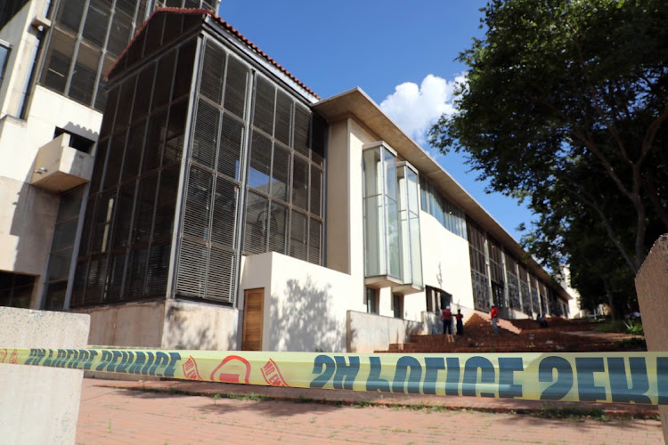 The scene of the Constitutional Court in Braamfontein, Johannesburg, where a 36-year-old man was arrested for allegedly breaking the windows of the building using a hammer.