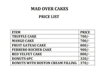 Mad Over Cakes menu 