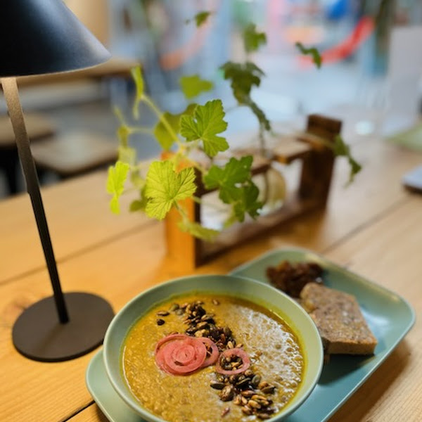 Our nourishing Mixed Lentil Dahl served with homemade buckwheat and poppyseed bread (VG) (GF)