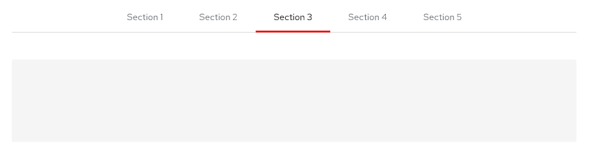 RedHat Tab Set with 5 tabs with equal empty space area on the right and on the left of the tab set. Selected tabe highlighted by underlining.