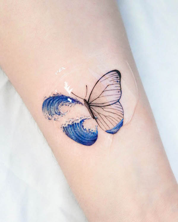 Full picture of the butterfly tattoo design with waves