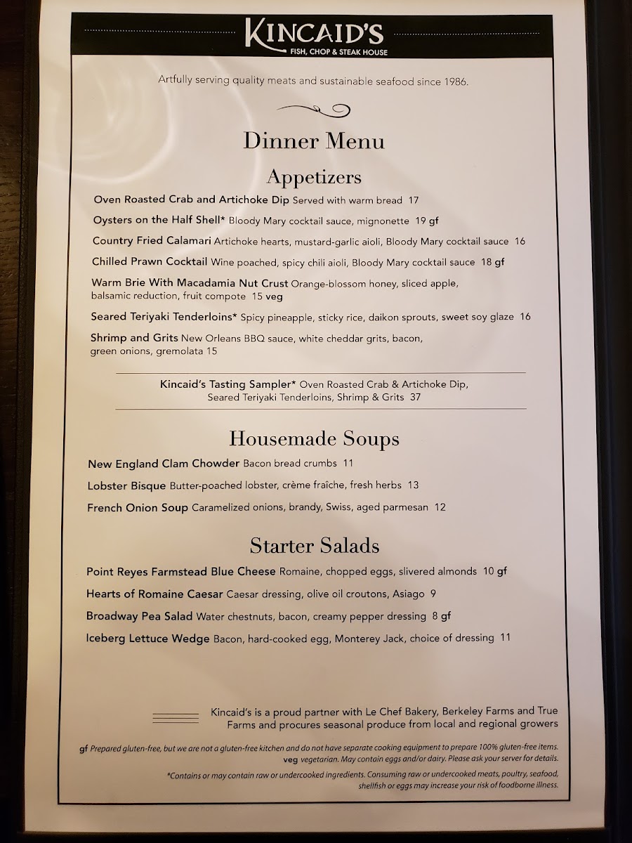 Kincaid's gluten-free menu