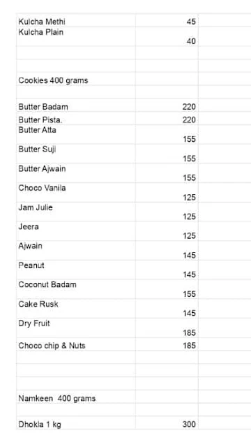 Shalu Bakers menu 