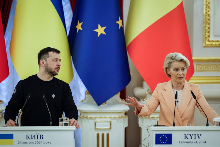 Ukraine's President Volodymyr Zelensky, left, and European Commission president Ursula von der Leyen in Kyiv, Ukraine, February 24 2024. Picture: ALINA SMUTKO/REUTERS