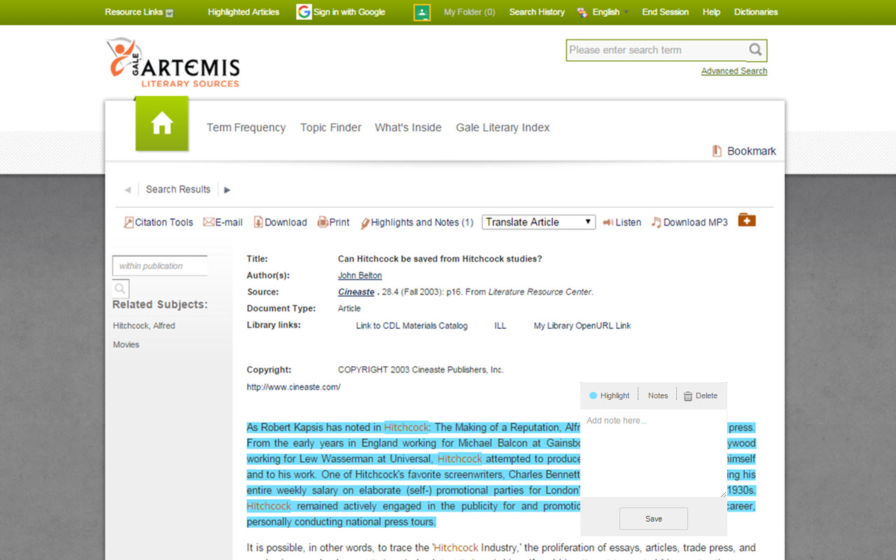 Gale Artemis: Literary Sources Chrome Extension Image 3