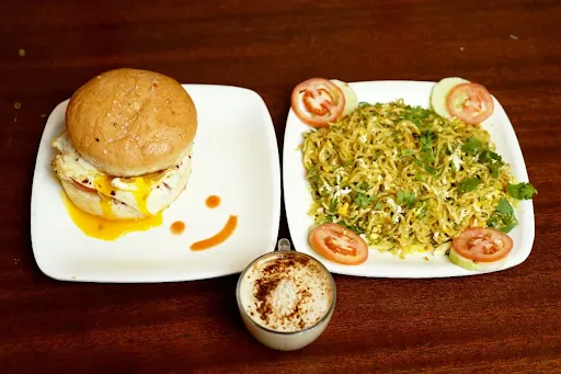 Egg Cheese Burger With Egg Maggi And Hot Coffee