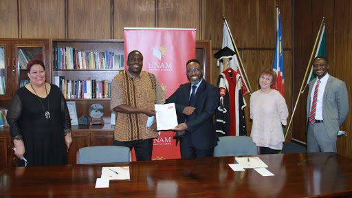 From left: Dr Maggy Beukes-Amiss, Director: Centre for Open, Distance and eLearning (CODeL), Prof Kenneth Matengu, Vice-Chancellor: University of Namibia, Luxolo Rubushe, Managing Director: Adapt IT Education, Prof Erika Maass, Director: Academic Affairs, Erkkie Haipinge, Deputy Director: eLearning, Centre for Open, Distance and eLearning (CODeL).