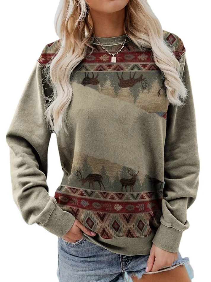 Lente en herfst vrijetijdsshirt met ronde hals en lange mouwen met print. Comfortabel en veelzijdig voor een casual en modieuze look, ideaal voor dagelijks gebruik.