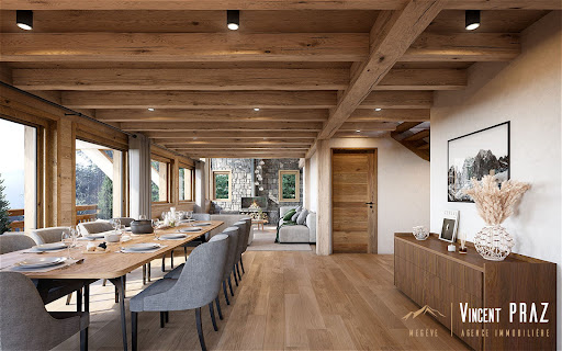 Luxury house for sale in Megeve (74120) - Dining room with wood table and beam ceiling