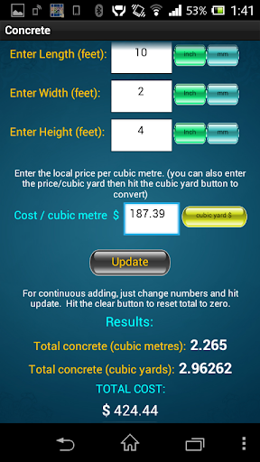 E-Z Concrete Calculator Cost