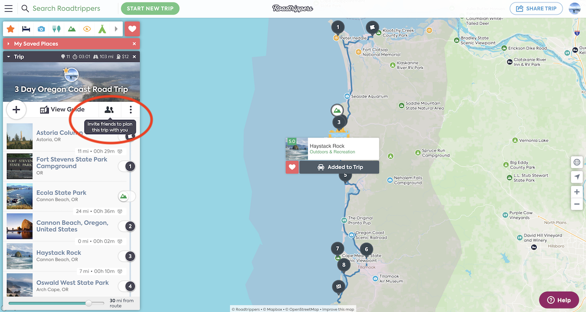 screen shot from Roadtrippers showing where to invite friends to your trip