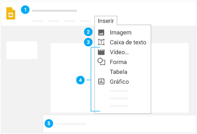 A opção "Renomear" aparece na parte superior, várias opções para adicionar itens aparecem em "Inserir" no menu e "Clique para adicionar as anotações do apresentador" aparece na parte inferior 